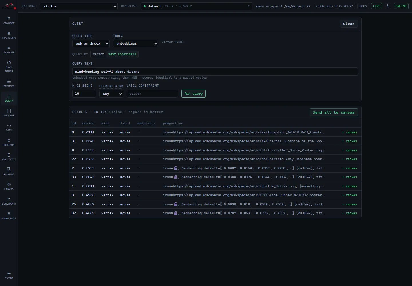 Semantic search on Movie Night returning Inception as the top hit.