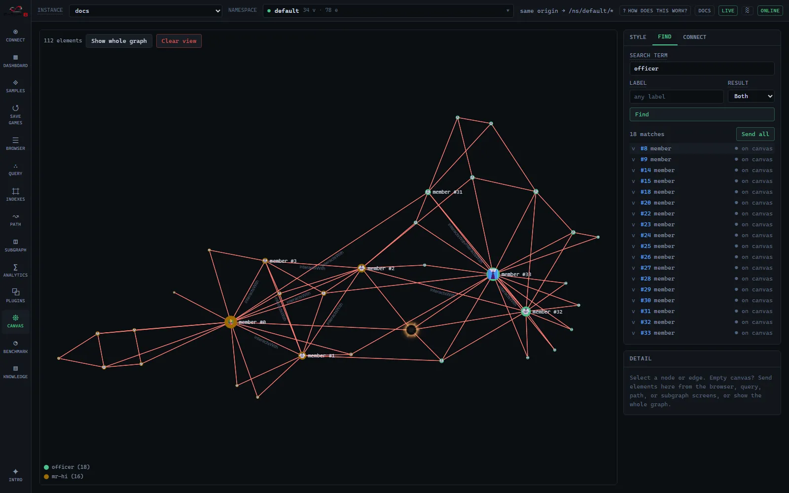 Canvas Find tab: hovering a result row spotlights its node on the canvas with an eclipse corona