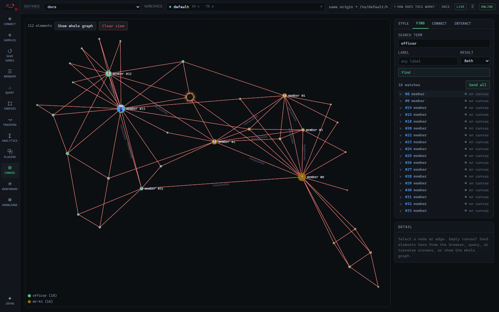 Canvas Find tab: hovering a result row spotlights its node on the canvas with an eclipse corona