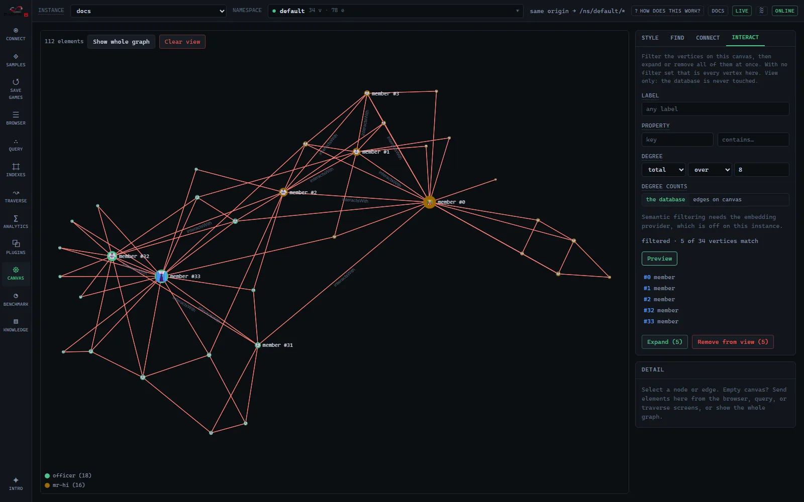 Canvas Interact tab: a filtered match set with the two bulk actions over the rendered graph