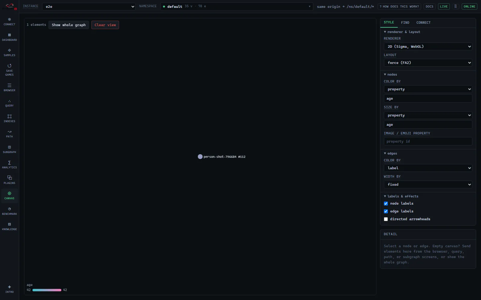 Canvas style panel: node color and size driven by a graph property, each with an editable property-name field
