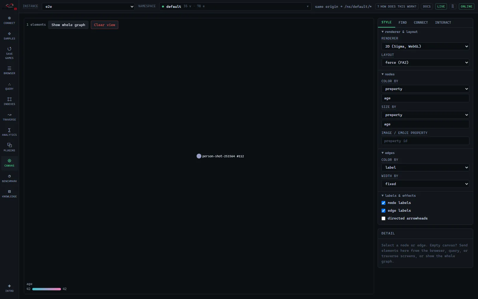 Canvas style panel: node color and size driven by a graph property, each with an editable property-name field