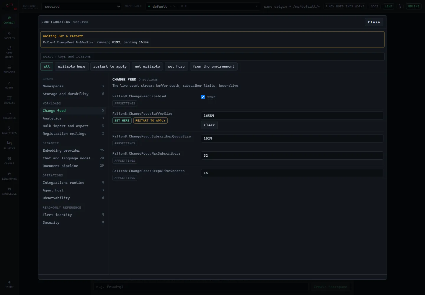 The configuration surface in F8 Studio: a section list on the left, the selected section’s settings on the right with the layer each value came from and whether one is waiting for a restart