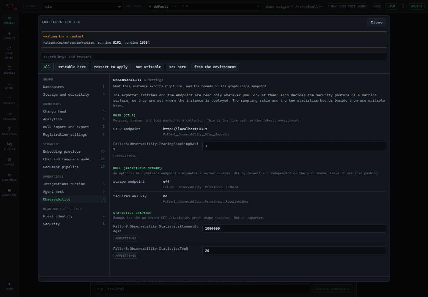 The Observability section of the configuration surface: Push (OTLP), Pull (Prometheus scrape), and Statistics snapshot