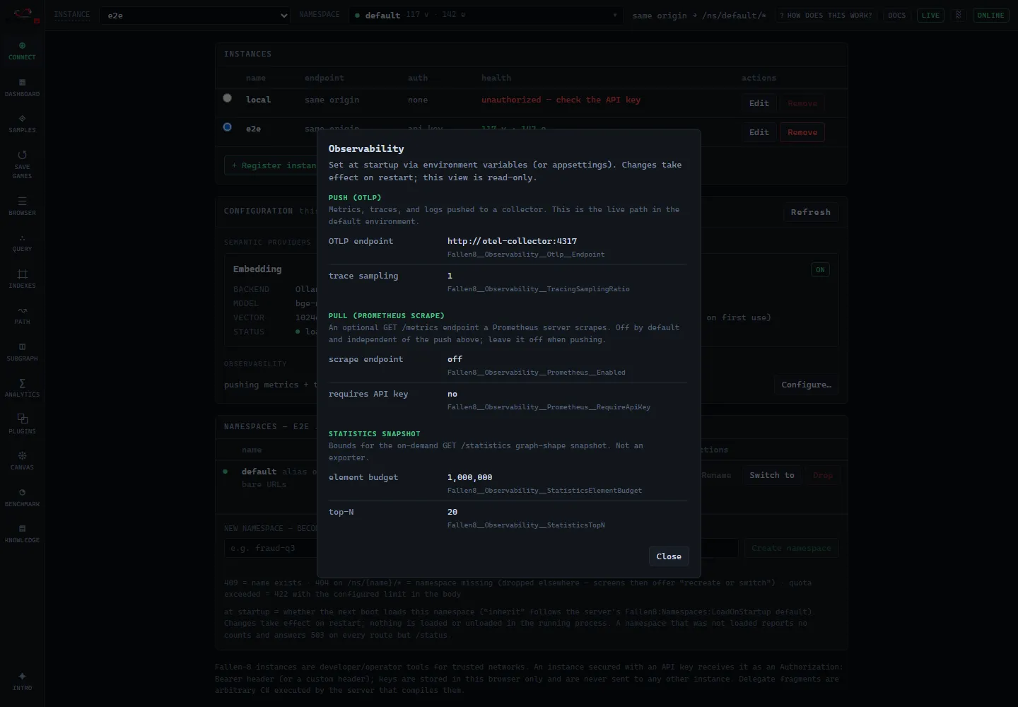 Observability config overlay: Push (OTLP), Pull (Prometheus scrape), and Statistics sections