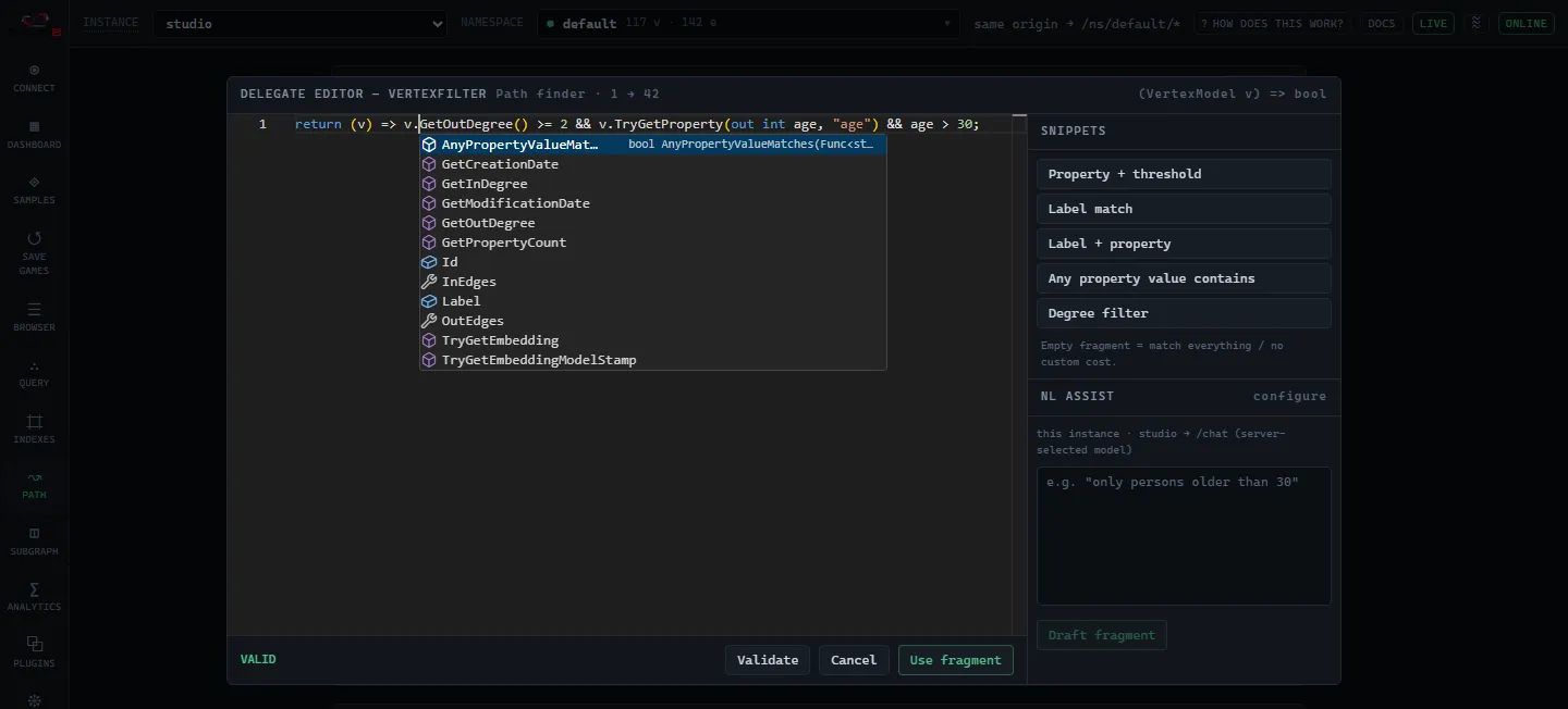 The delegate editor on a VertexFilter slot: IntelliSense open after typing v., listing the VertexModel members with the focused one’s signature