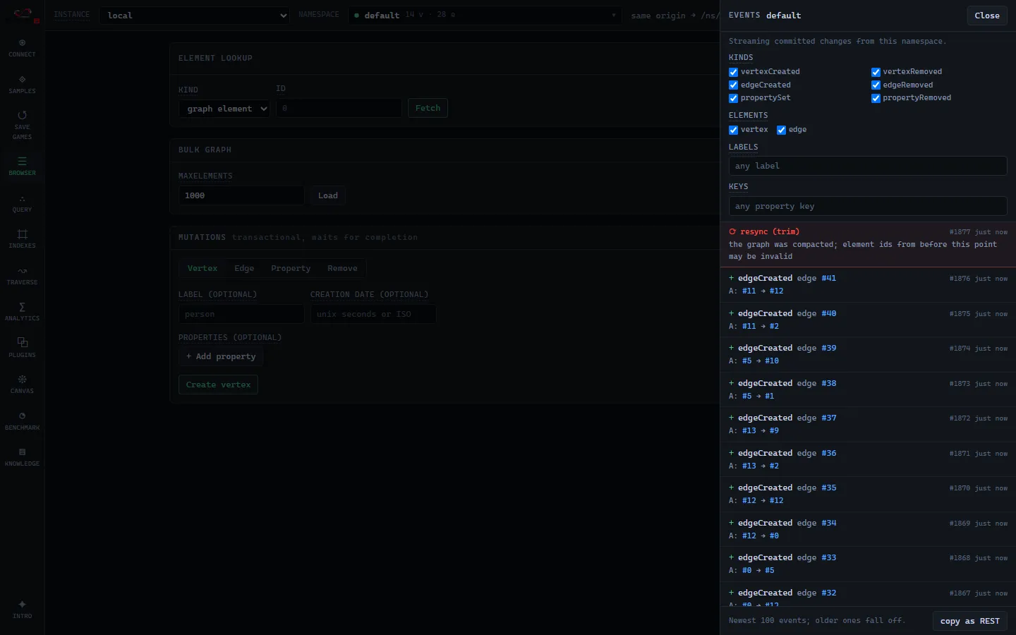 Events panel: the change-feed slide-over with live rows and the interest filter