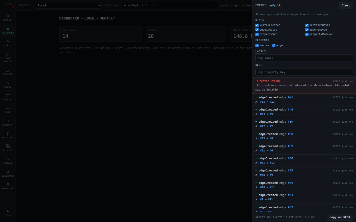 Events panel: the change-feed slide-over with live rows and the interest filter