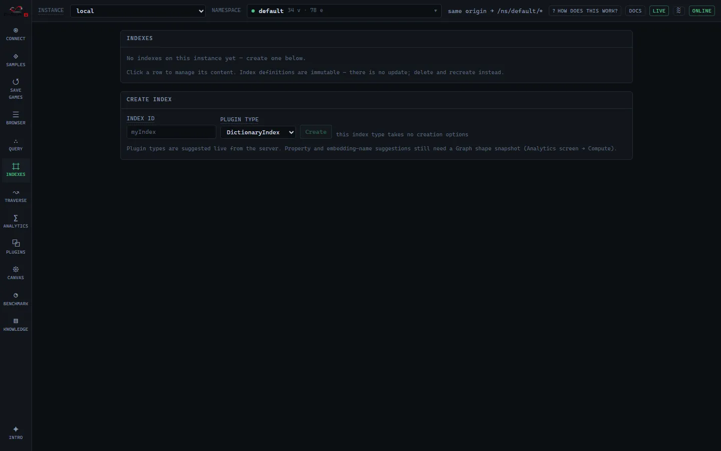 Indexes screen