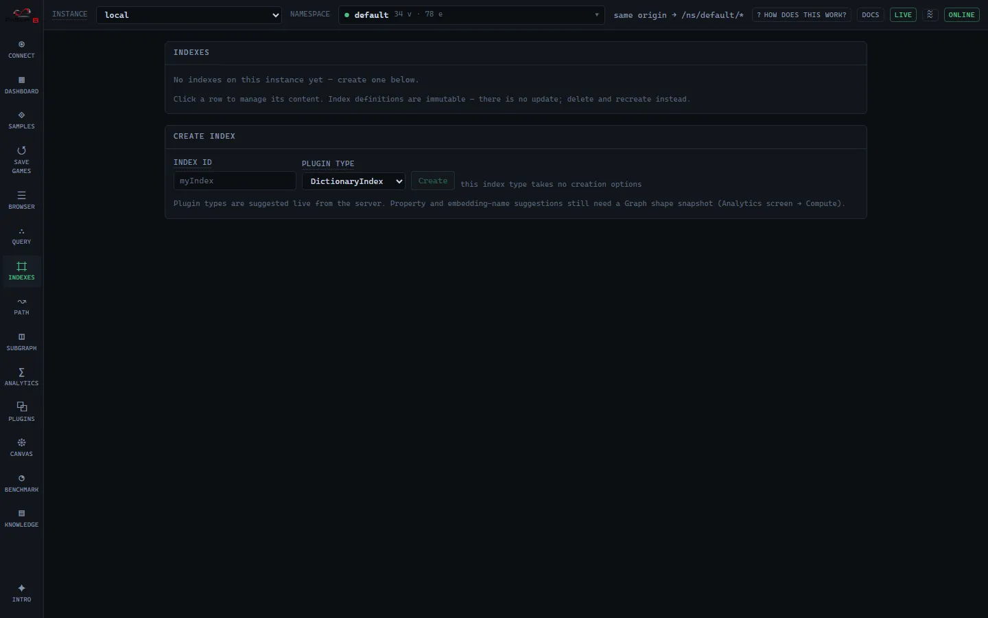 Indexes screen