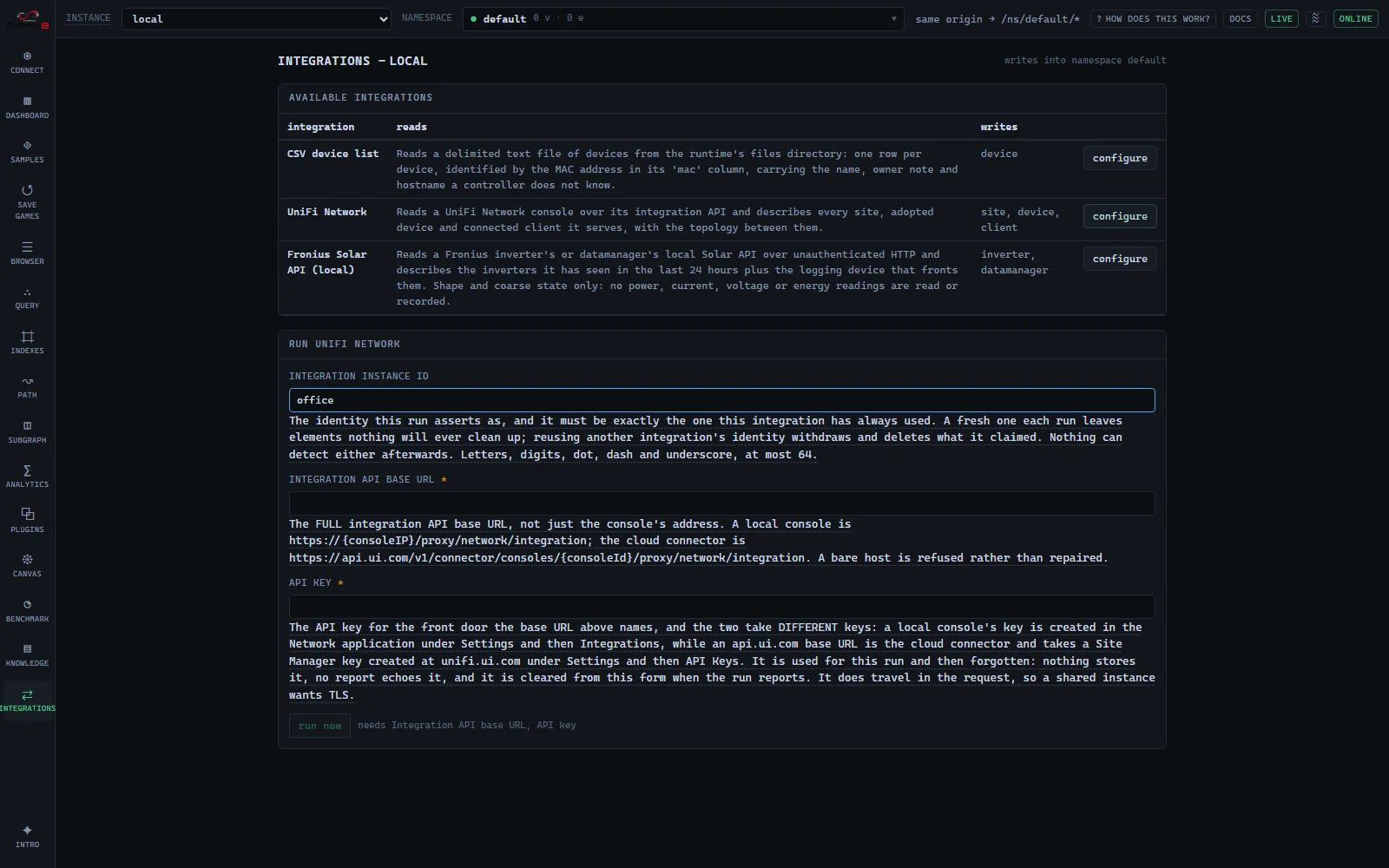 Integrations screen: the catalog of available integrations and the run form of the one selected