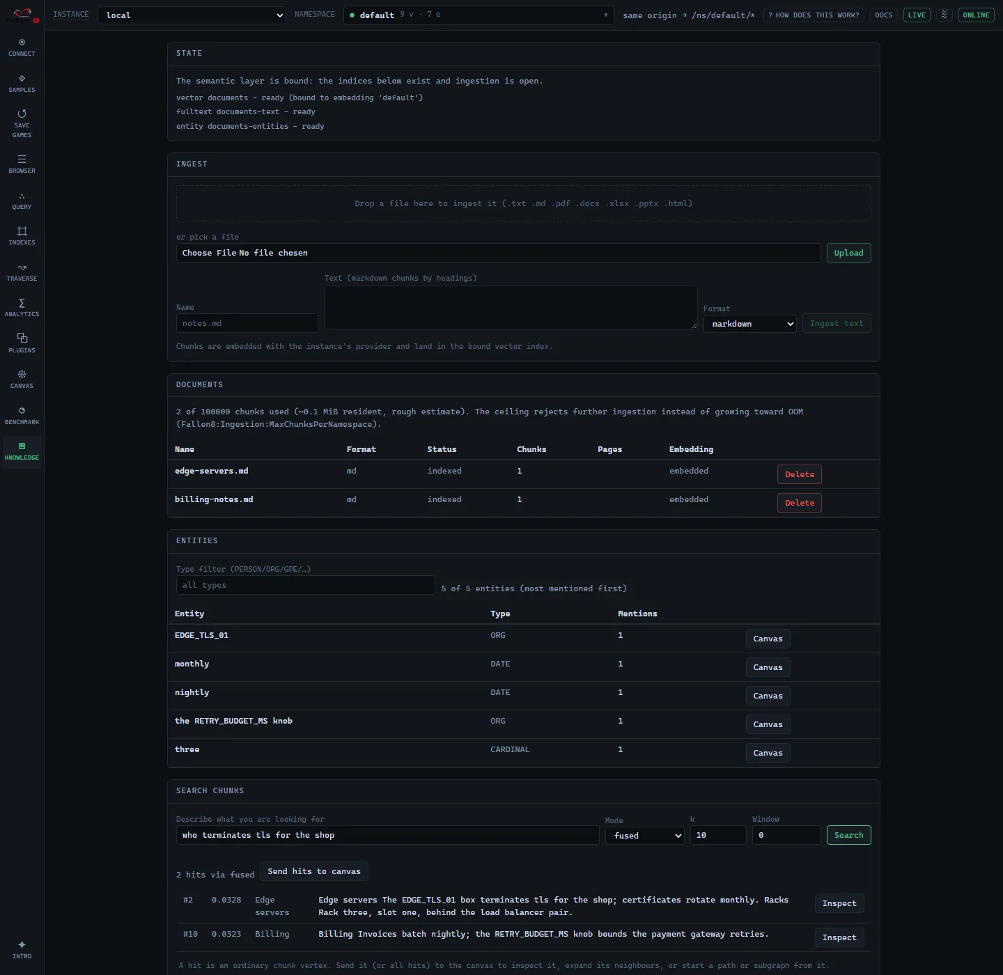 The Knowledge screen: the State panel with the index binding, drag-and-drop ingest, the document table with the chunk budget, the entity network, and a fused search