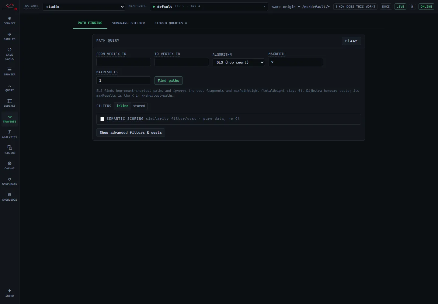 The Traverse screen’s Path finding tab, its tab strip above the path query panel