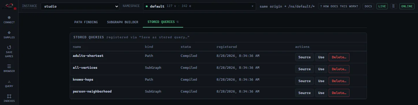 The Traverse screen’s Stored queries tab: one table over both kinds, with the kind column naming each entry’s scenario